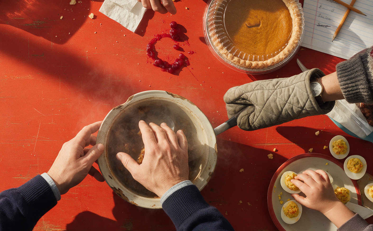 Hands reaching across a red table set with pie, cranberry sauce, deviled eggs and a hot dish