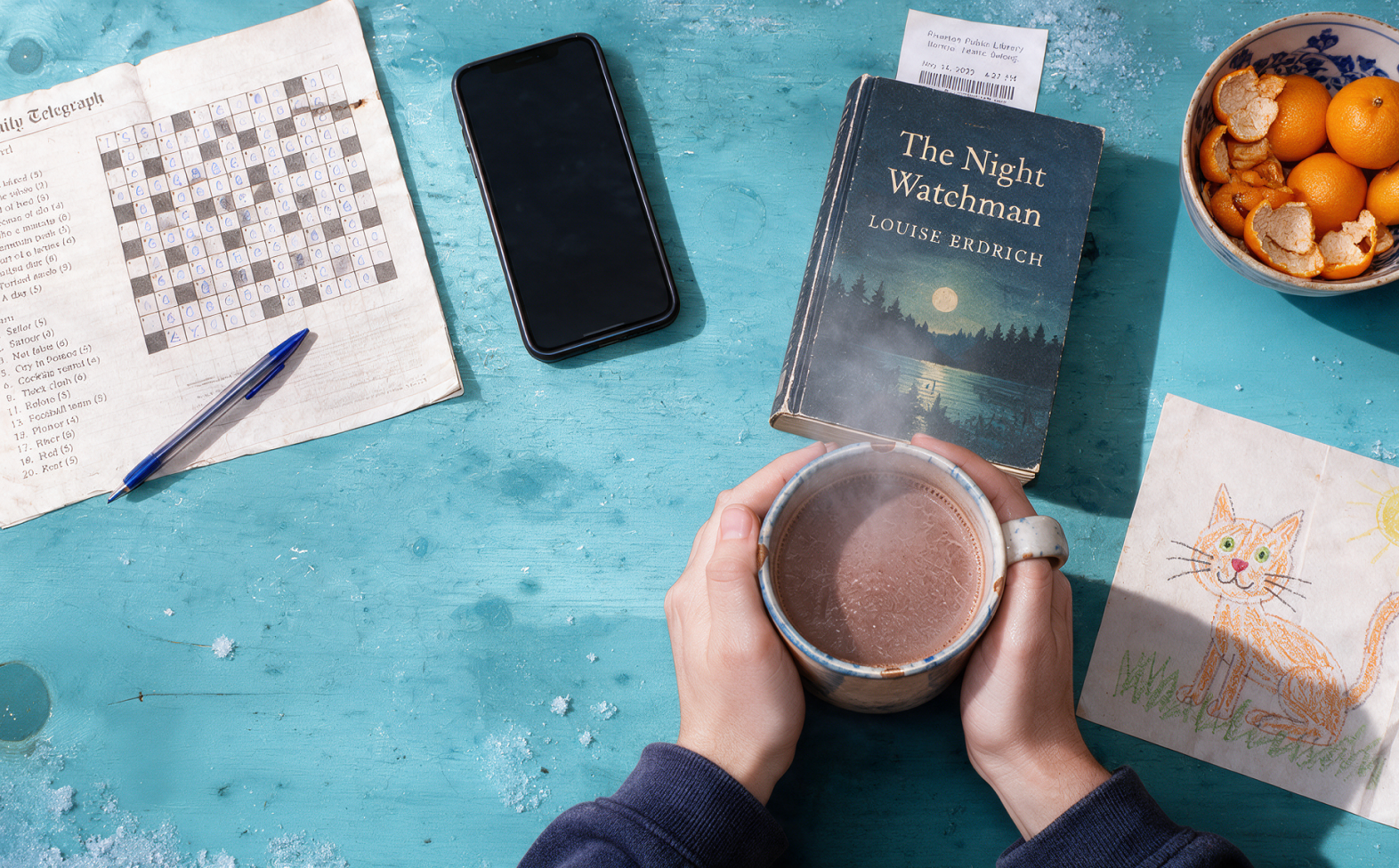 Hands around a mug of hot cocoa on a blue table with a crossword, a library book, clementines and a child’s cat drawing